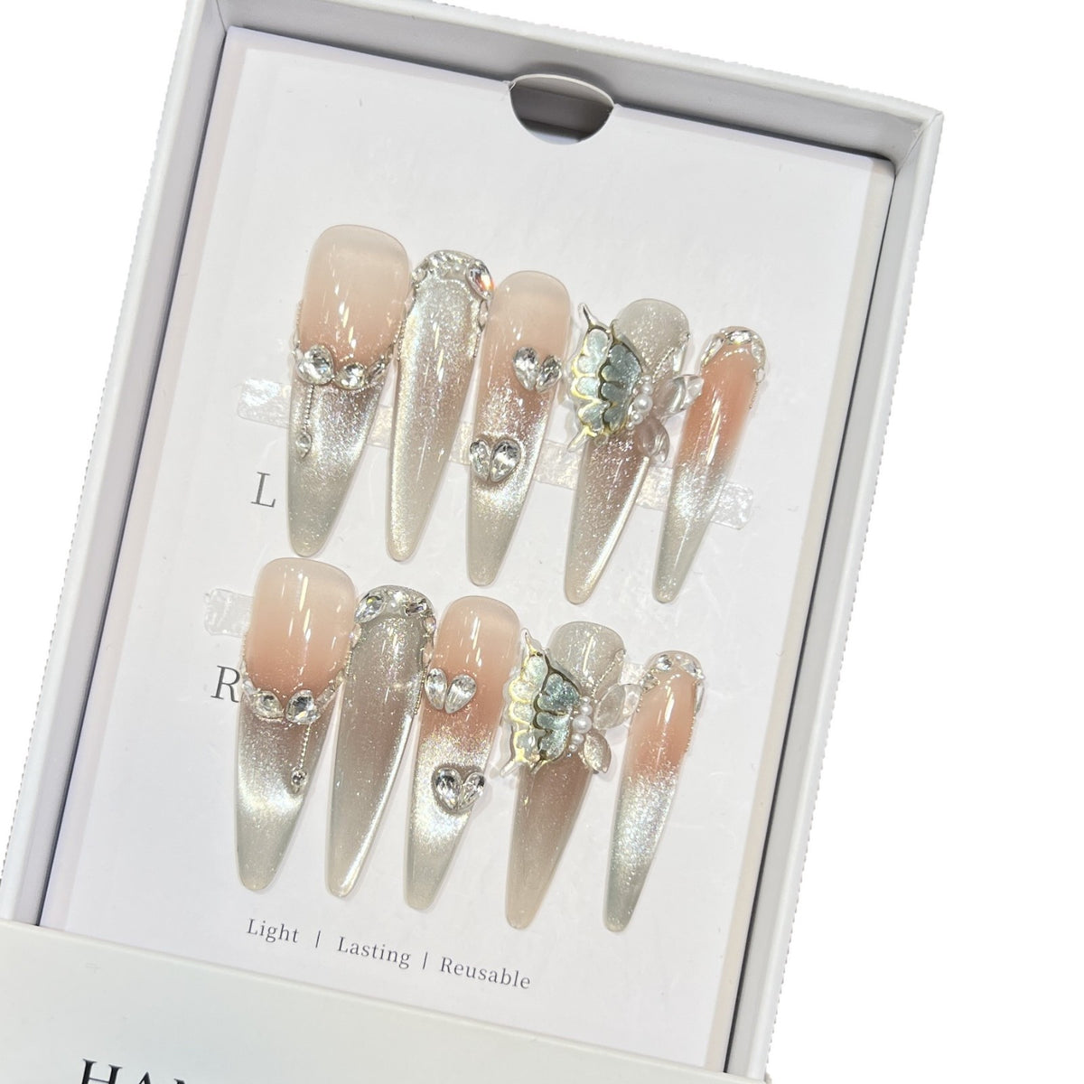 Dekorativer Stiletto Press-On Nagelkunst Set mit Schmetterlingsakzenten Brehn