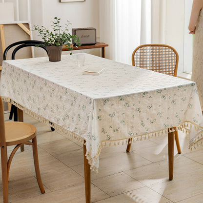 Rechteckige Tischdecke aus Leinenmischung mit Fransenbesatz und verstreuter Punktstickerei