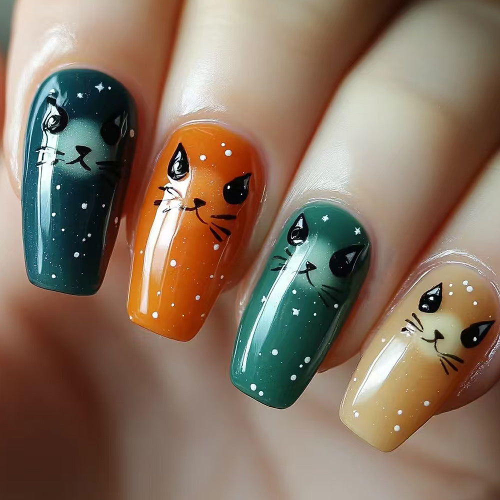 Künstlerische katzenmotivierte Press-On Nagelkunst Brehn