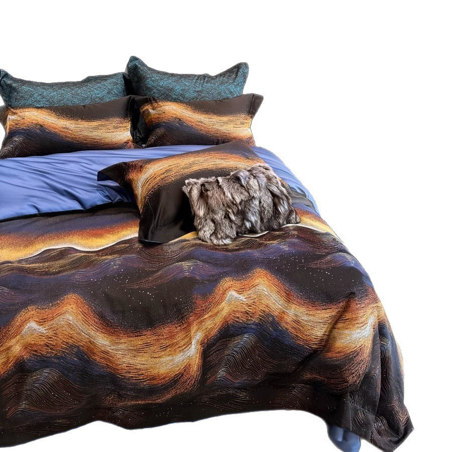 Premium Abstract Wave-Print Baumwollsatin Bettbezug Set mit Wendbarem Einfarbigem Rücken