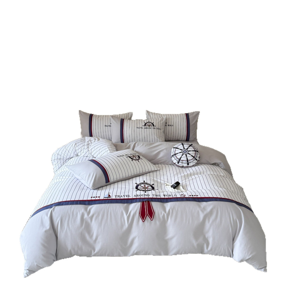 Maritimes Bettwäsche-Set aus Baumwollsatin mit gesticktem Steuerrad und feinen Nadelstreifen