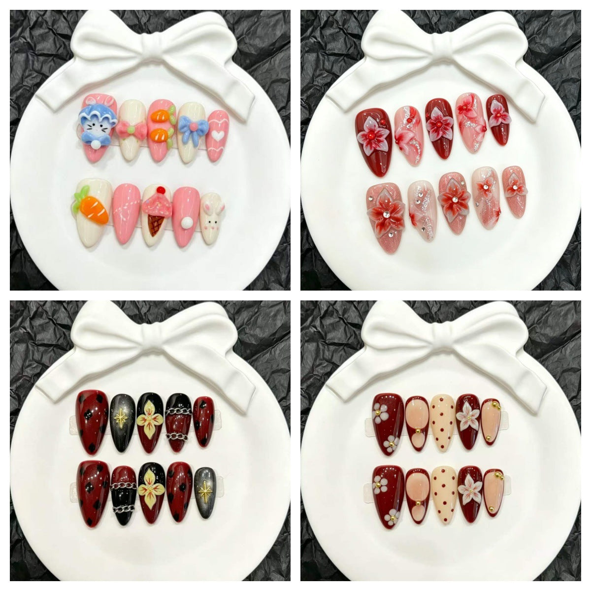 Dekoratives Press-On Nagelkunst-Set mit floralen und verspielten Designs