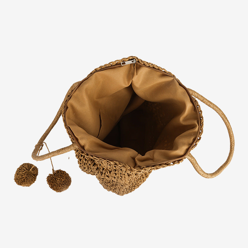 Damen Handgefertigte Basttasche mit verspieltem Pompon-Detail Brehn