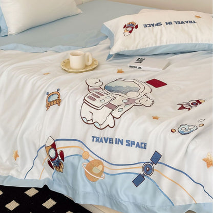 Kinder-Bettwäsche-Garnitur mit gesticktem Astronauten- und Weltraummotiv aus Baumwollsatin Brehn