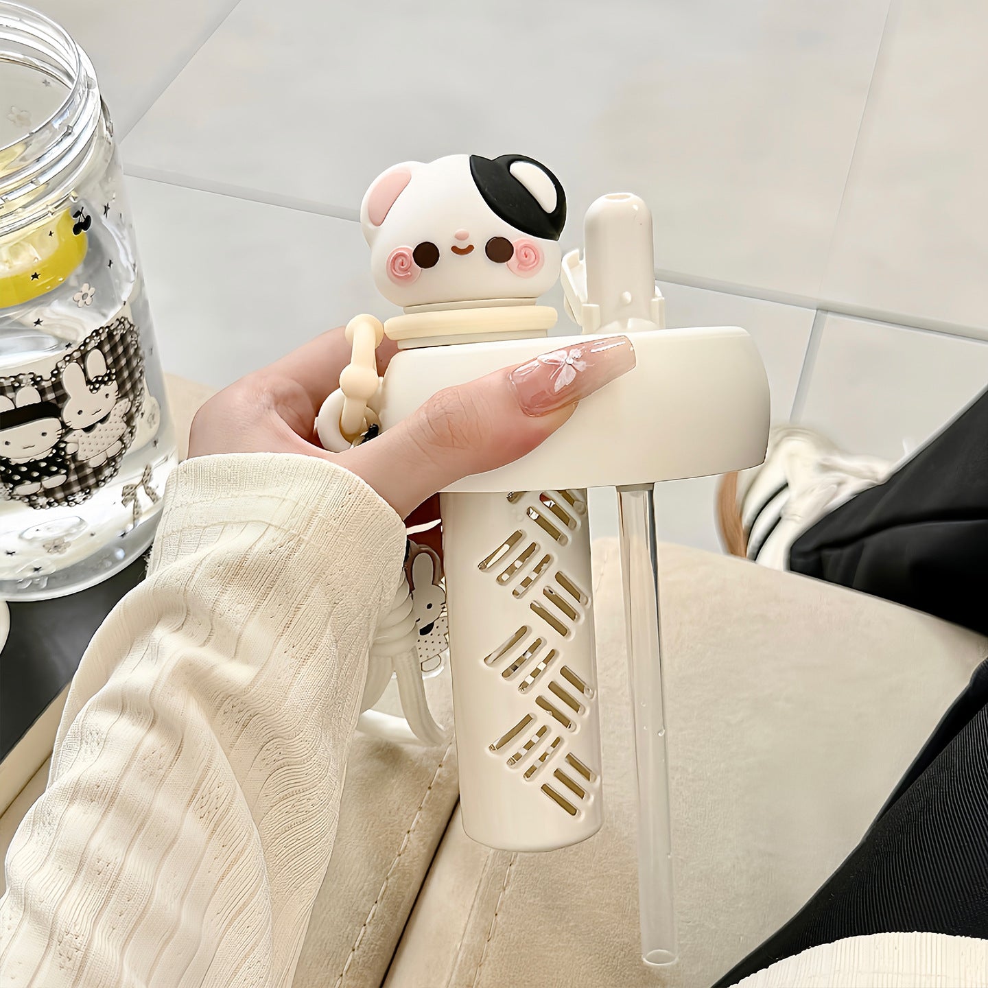 Damen Trinkflasche mit Tiermotiven und integriertem Strohhalm Brehn