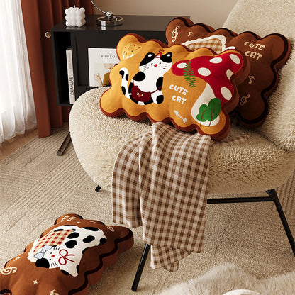 Plush Cloud-Shape Cute Character Lumbar Throw Pillow with Embroidered Face and Soft Faux-Sherpa Cover