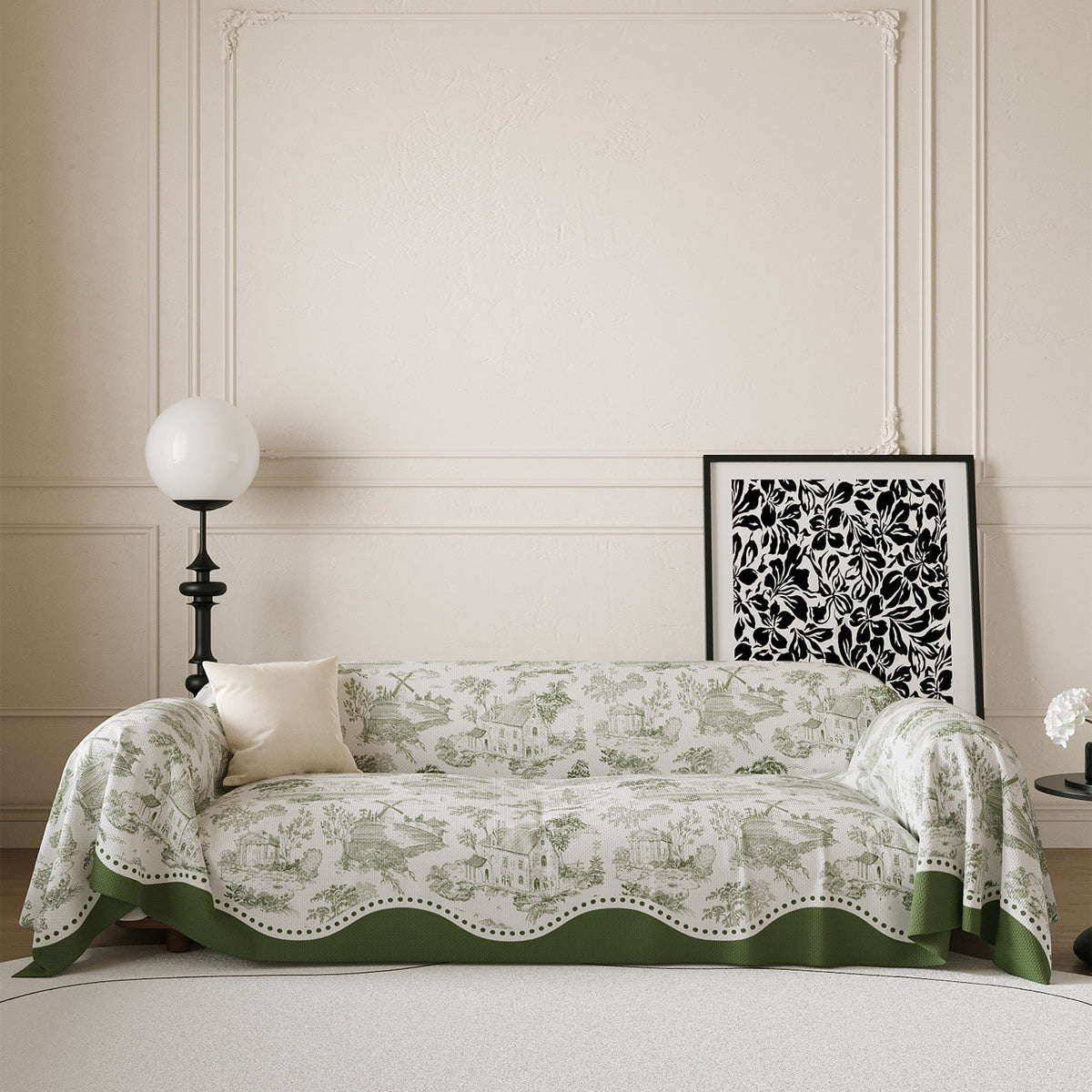 Toile-Print Scalloped-Edge Reversible Sofa Slipcover Throw