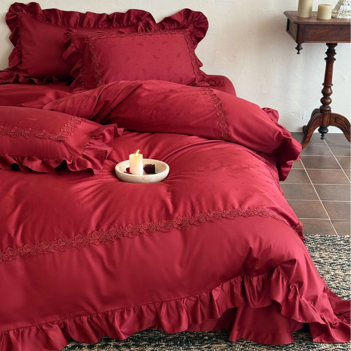 Luxuriöses Bettwäsche-Set mit Rüschen und zarter Stickerei aus Satin-Baumwolle