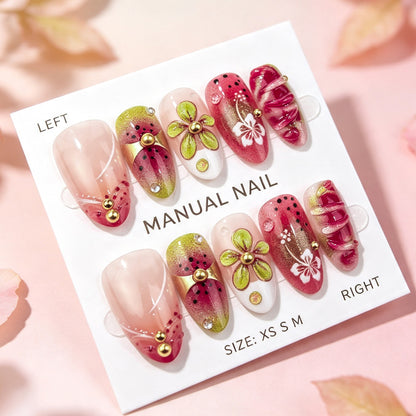 Florales Wassermelonen-Themen Press-On Nagel Kunst Set