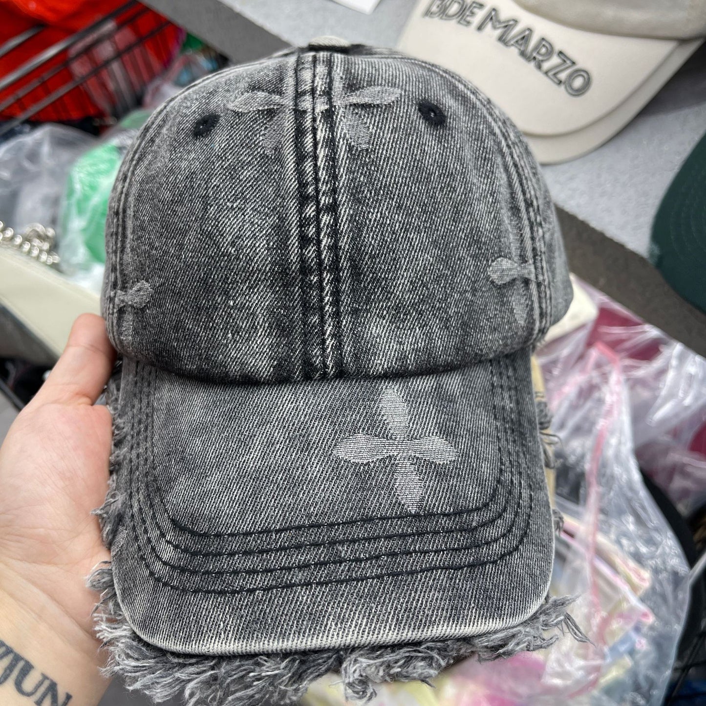 Damen Gealterte Denim Fransen Baseball Cap Brehn