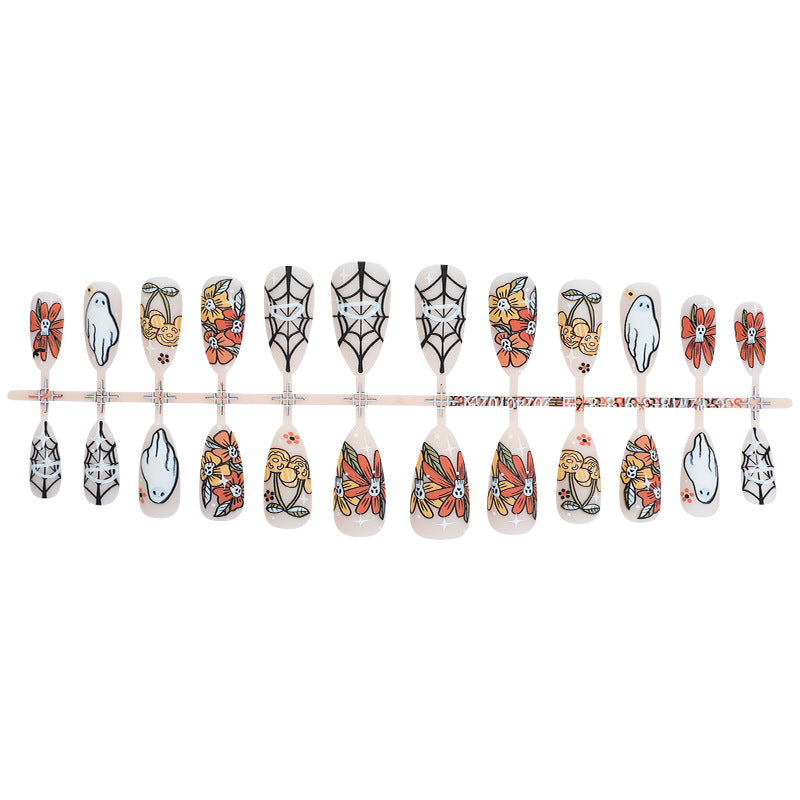 Künstlerisches Press-On-Nagelset mit saisonalen Blumen- und Geisterdesigns Brehn