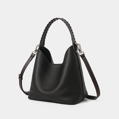 Geriffeltes Leder Bucket Hobo Bag mit geflochtenem Tragegriff und abnehmbarem Schultergurt