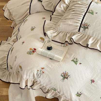 Gesticktes Floral Rüsch Bettbezug Set
