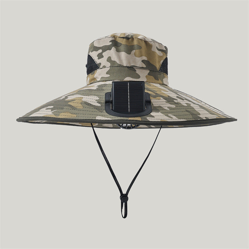 Breite-Krempe Outdoor Sonnenhut mit solarbetriebenem Mikroventilator, atmungsaktivem Mesh und verstellbarem Kinnriemen Brehn