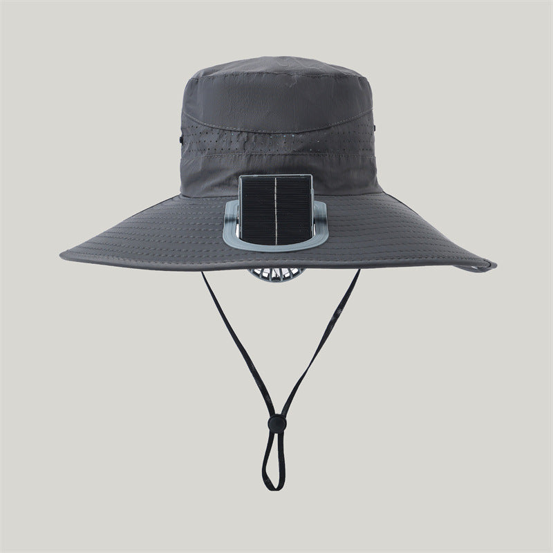 breiter Outdoor-Sonnenhut mit Solarmodul, leisem Mini-Ventilator und verstellbarem Kinnriemen Brehn