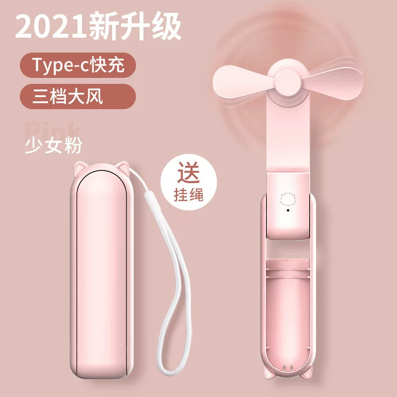 Unisex Einheitsgröße faltbarer wiederaufladbarer Dreifach-Handheld-Mini-Ventilator mit integriertem Powerbank USB-C und USB-A Anschlüssen sowie Handgelenksschlaufe Brehn