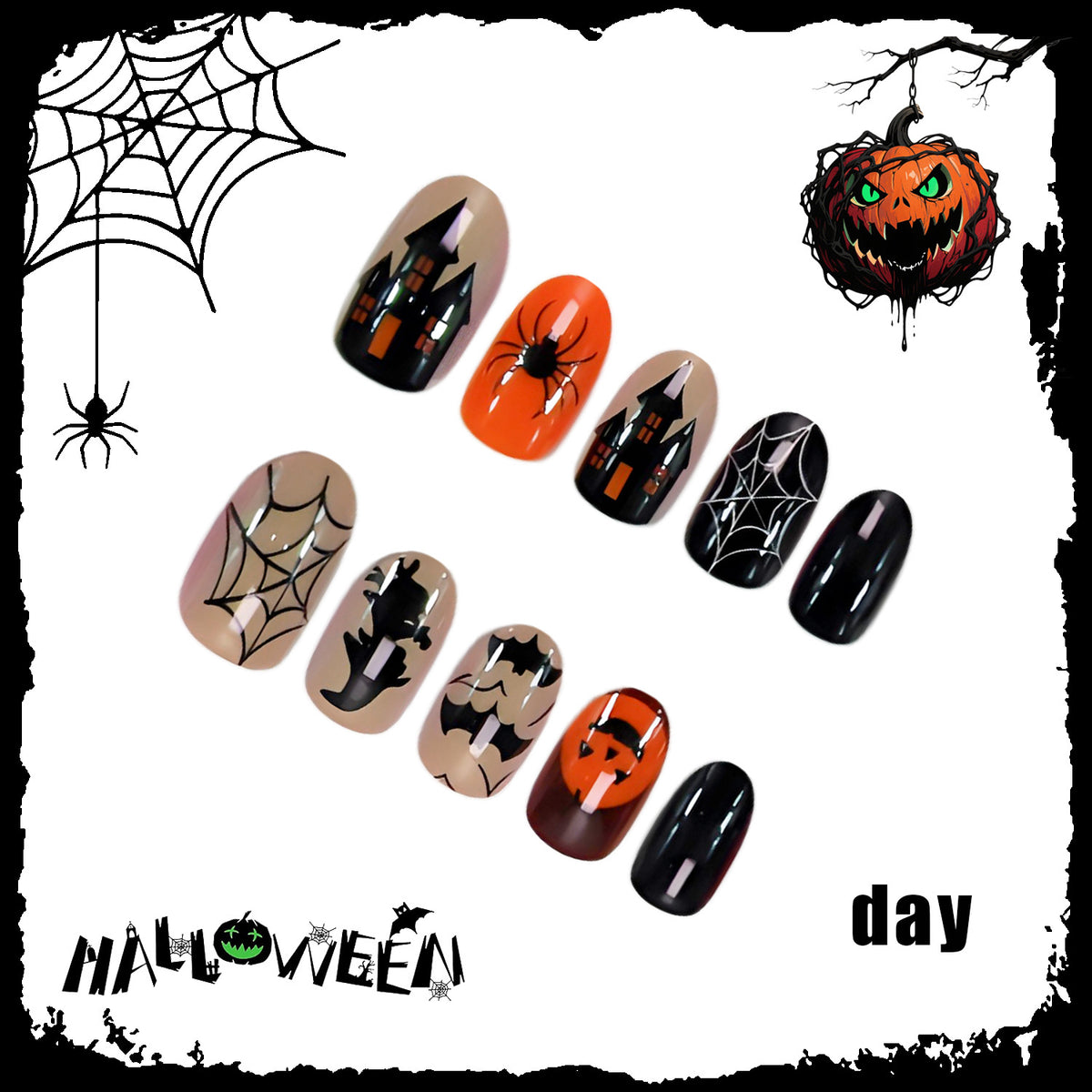 Halloween Kunstnagelset mit kreativen Spinnen- und Kürbismotiven Brehn