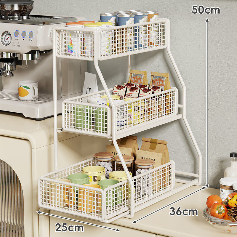 Dreiböckiger, schräger Metall-Mesh-Thekenregal-Organizer mit stapelbaren Drahtkörben