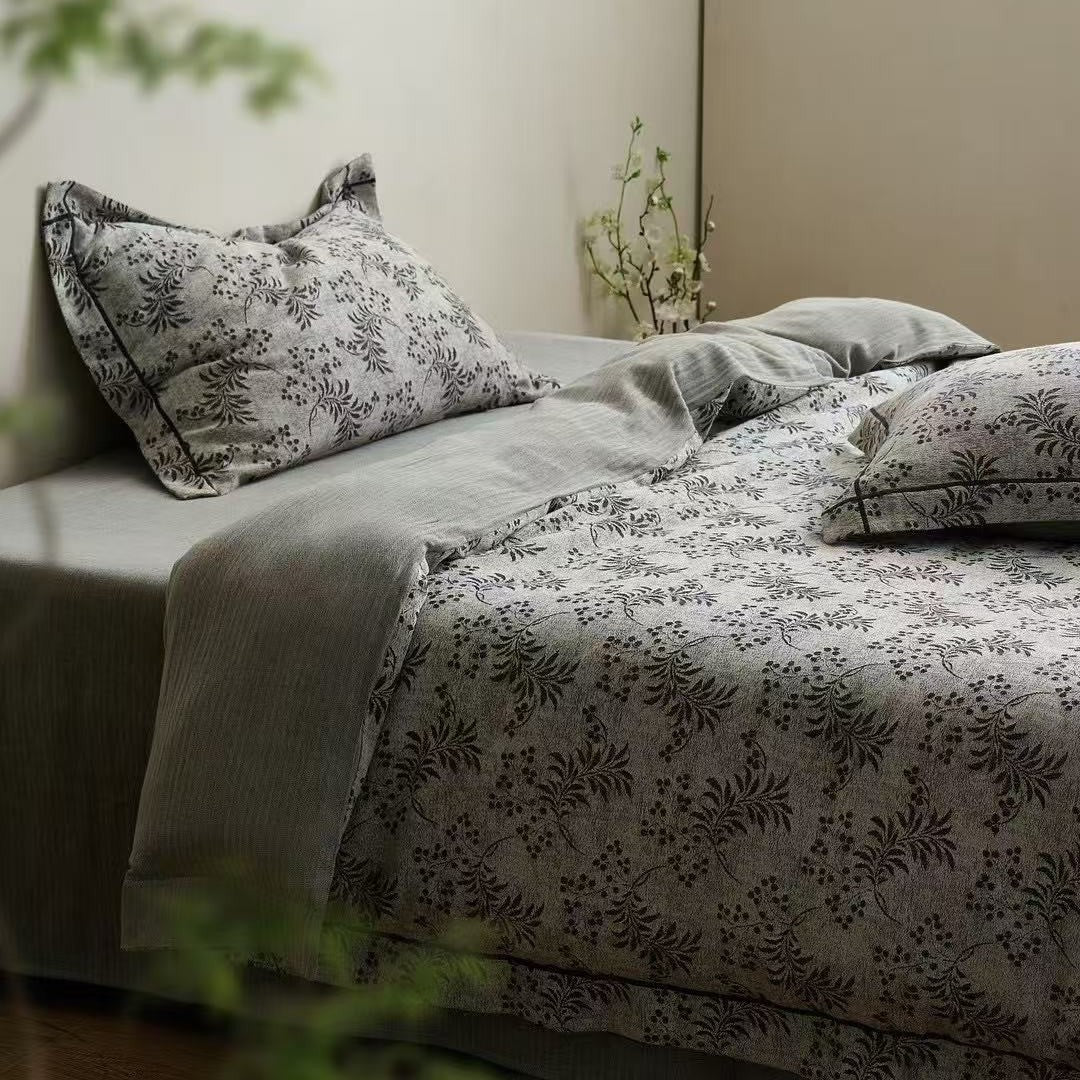 Leinen-Baumwolle Floral Bettbezug Set mit Jacquard-Struktur und gepipten Kissenbezügen