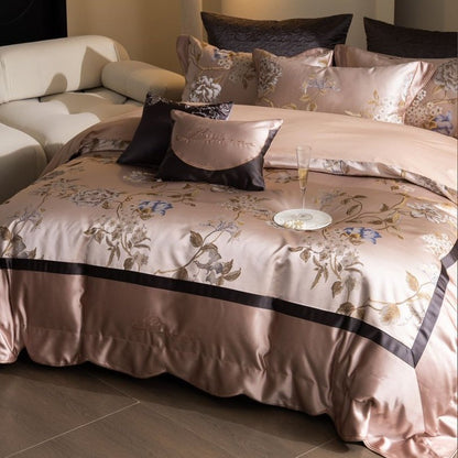 Seidenblumenbestickte Satin-Bettbezug-Bettwäsche mit gewelltem Saum und Kissenbezügen