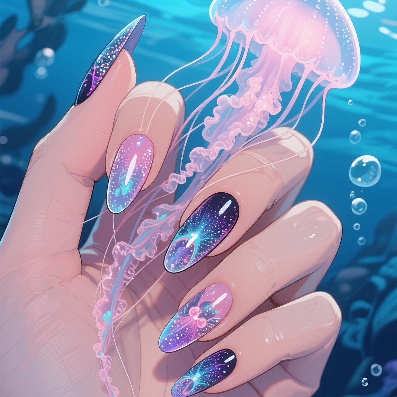 Kunstnägel mit Glitzerndem Unterwasser-Motiv Brehn