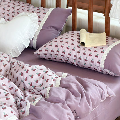 Wendbares Baumwoll-Bettwäscheset mit floralem Aquarellprint und Spitzenrand