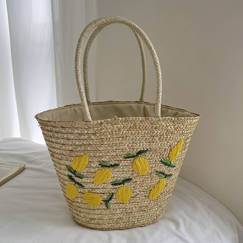 Handgefertigte Strohtasche mit Buntem Zitronenmotiv Brehn
