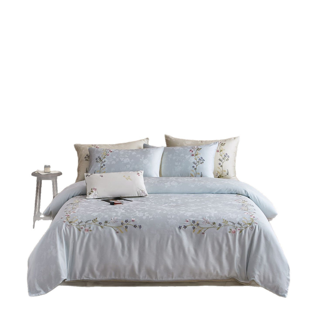 Satin-Bettbezug-Set mit feiner Blumenstickerei und Jacquardstruktur