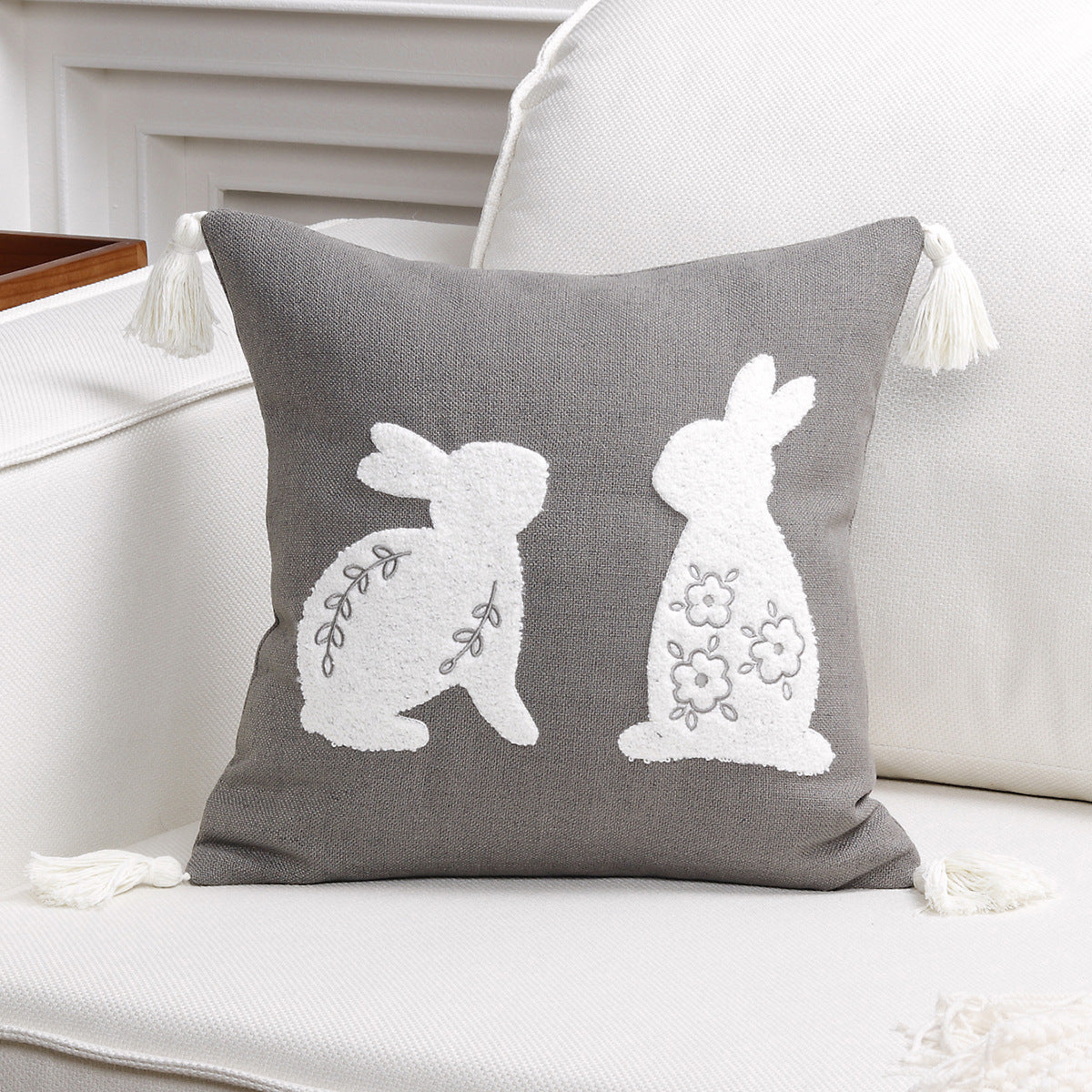 Bestickter Hasen-Applikations-Tassel-Lumbar-Kissenbezug