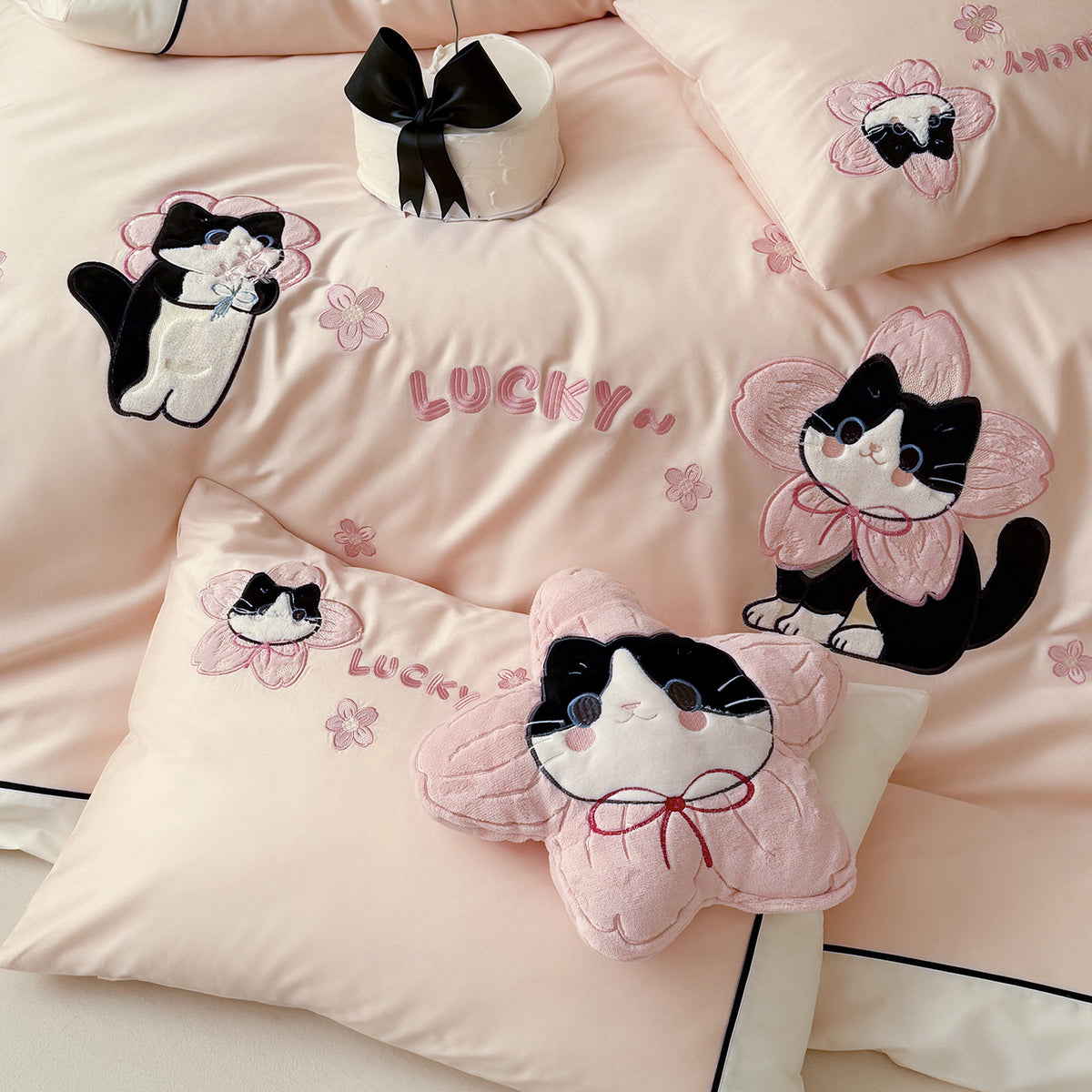 Baumwollsatin bestickte Katzen Bettbezug Set