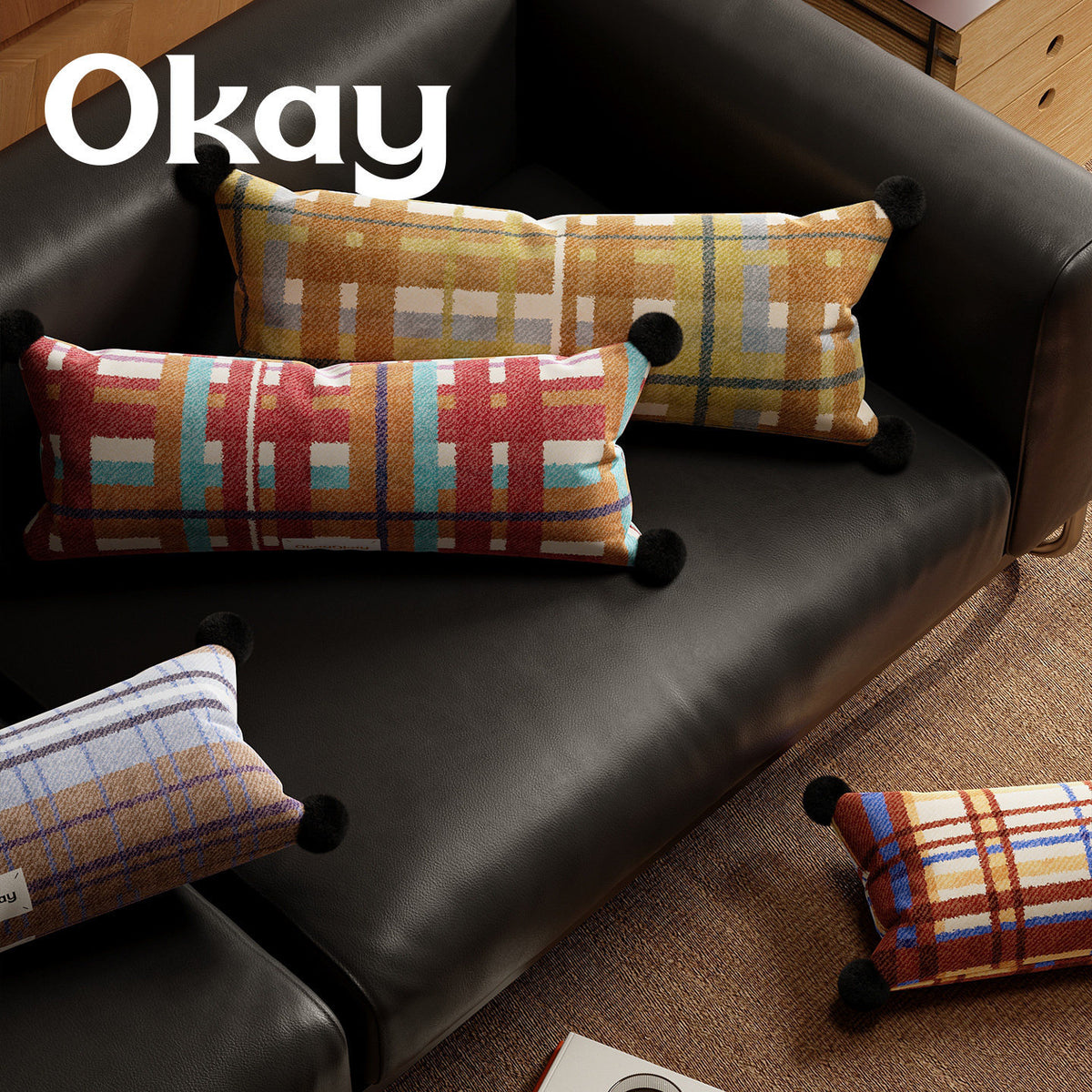 Rectangular Plaid Pom-Pom Lumbar Pillow Cover