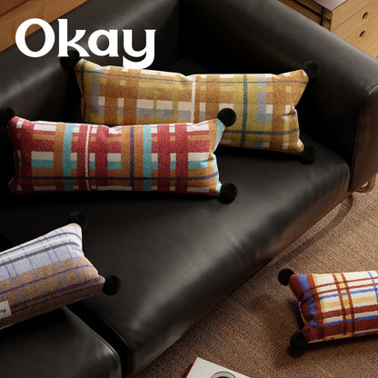 Rectangular Plaid Pom-Pom Lumbar Pillow Cover