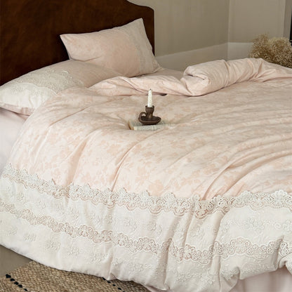 Handgenähtes florales Jacquard-Baumwoll-Bettbezug-Set mit Spitzenkante
