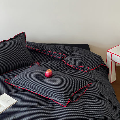 Streifen Baumwoll-Satin Bettbezug Set mit kontrastierendem Paspelrand