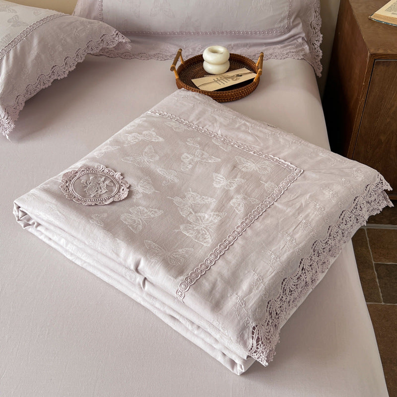Bestickte Jacquard-Baumwoll-Spitzenbettdecke und Kissenbezug-Set