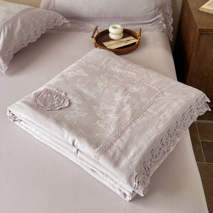 Bestickte Jacquard-Baumwoll-Spitzenbettdecke und Kissenbezug-Set