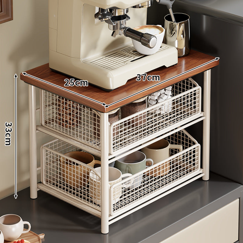 Kompakte Zwei-Ebenen-Countertop-Kaffee-Station-Organizer mit Holzoberfläche und herausziehbaren Drahtgitterkörben