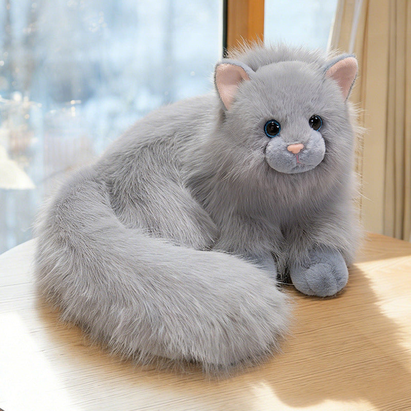 Realistische langhaarige Plüschkatze Dekoratives Kuscheltier mit übergroßem flauschigem Schwanz Brehn