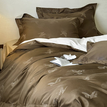 Elegantes fein gewebtes Bettwäsche-Set aus Mako‑Satin mit dezenter Schmetterlings‑Jacquardstruktur und Wendekissen