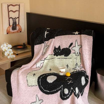 Extraweiche Chenille-Wohndecke mit Katzenillustration und Sternenrelief Brehn