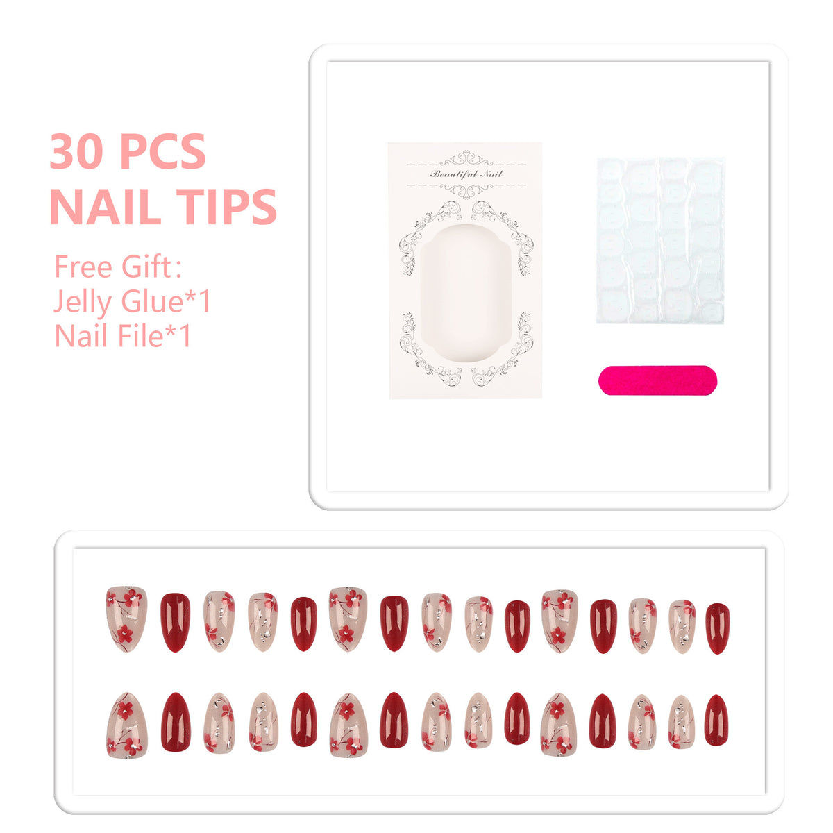 Floral Accent Press-On Nail Tips Set