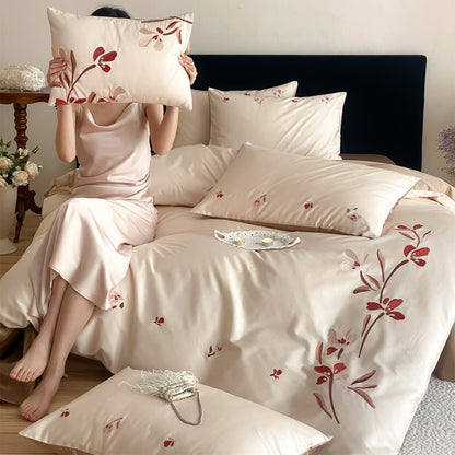 Luxuriöse Satin Floral Gestickte Bettdeckenbezug und Kissenbezug Set
