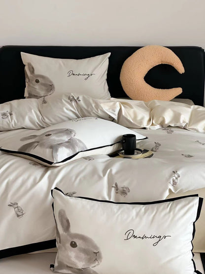 Baumwollsatin-Bettbezug-Set mit Aquarell-Katzenmotiv und kontrastierender Paspel