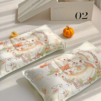 Satin-Kühl-Kissenbezug-Set mit Bunny- und Blumenillustration
