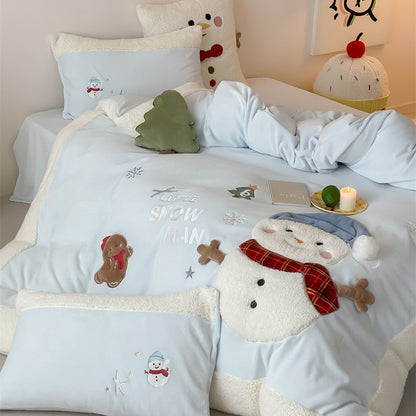 Kinderbettwäsche-Set mit Teddy-Fleece-Kante und dreidimensionalen Schneemann-Applikationen