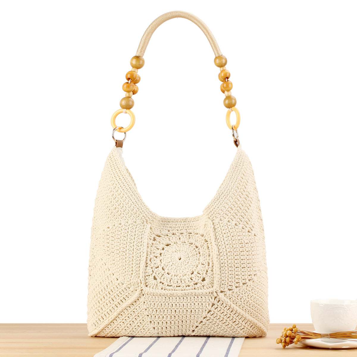 Handtasche Aus Handgeknüpftem Naturmaterial mit Stilvollen Holzgriffen Brehn