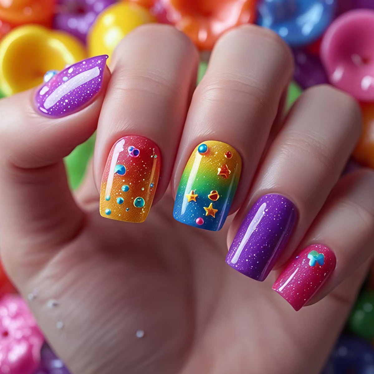 Kreative Kunstnägel mit Funkelndem Regenbogen-Design und 3D-Applikationen Brehn