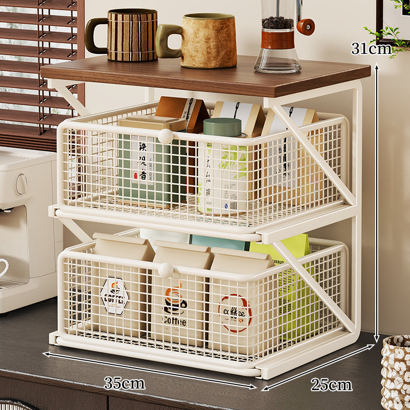 Küchenarbeitsplatte Kaffee Station Organizer mit Holzoberfläche und Metalldrahtkorb