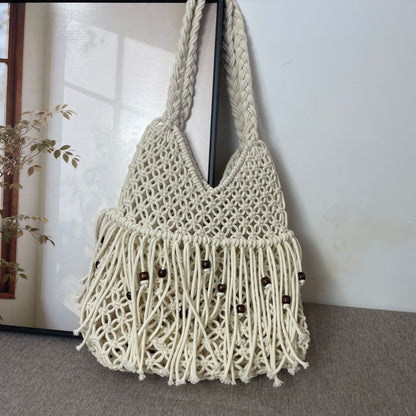 Makramee Tasche mit Langen Fransen und Holzperlen Brehn