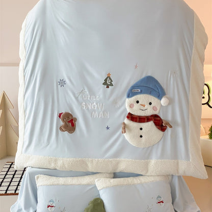 Kinderbettwäsche-Set mit Teddy-Fleece-Kante und dreidimensionalen Schneemann-Applikationen